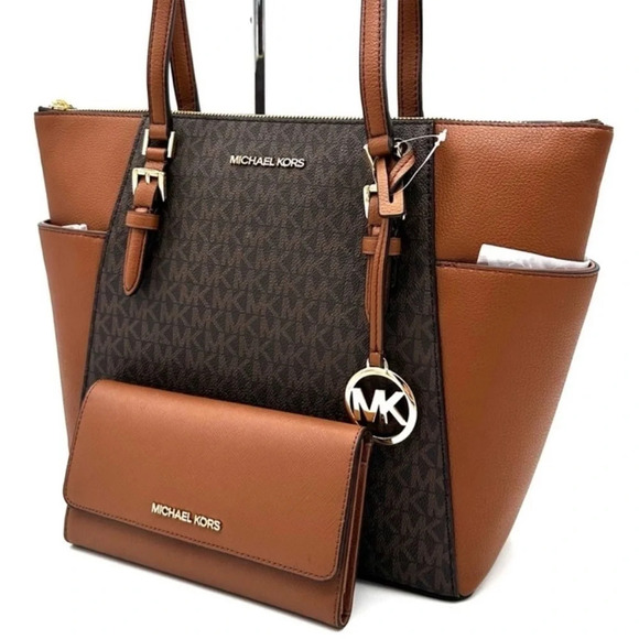 Michael Kors Large Charlotte Tote Bag & Trifold Wallet Brown - Picture 1 of 14